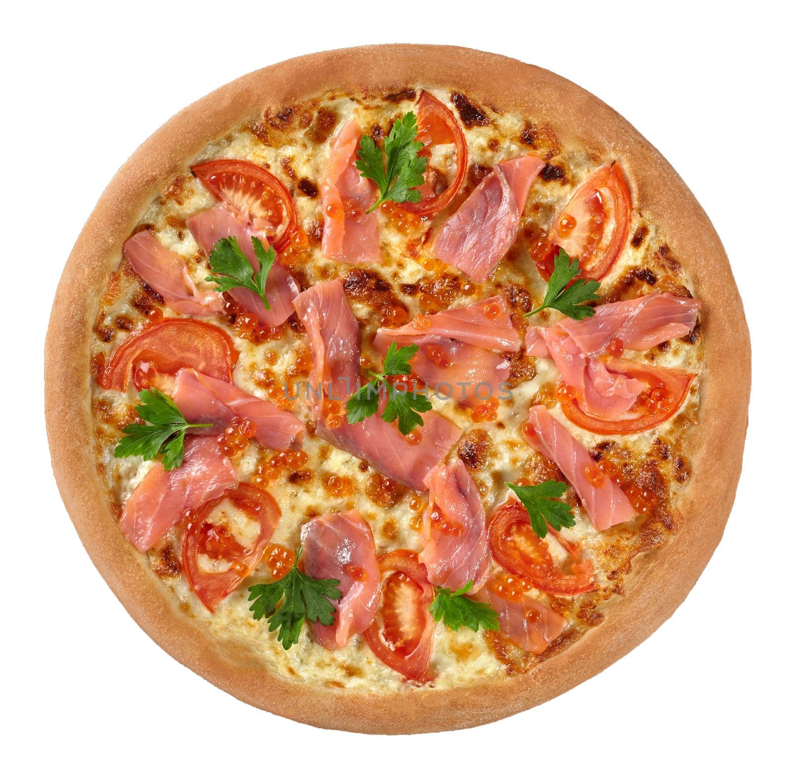 Delicate pizza with cream cheese sauce, mozzarella, tomatoes, smoked salmon and red caviar garnished with fresh herbs isolated on white background, top view. Italian style cuisine