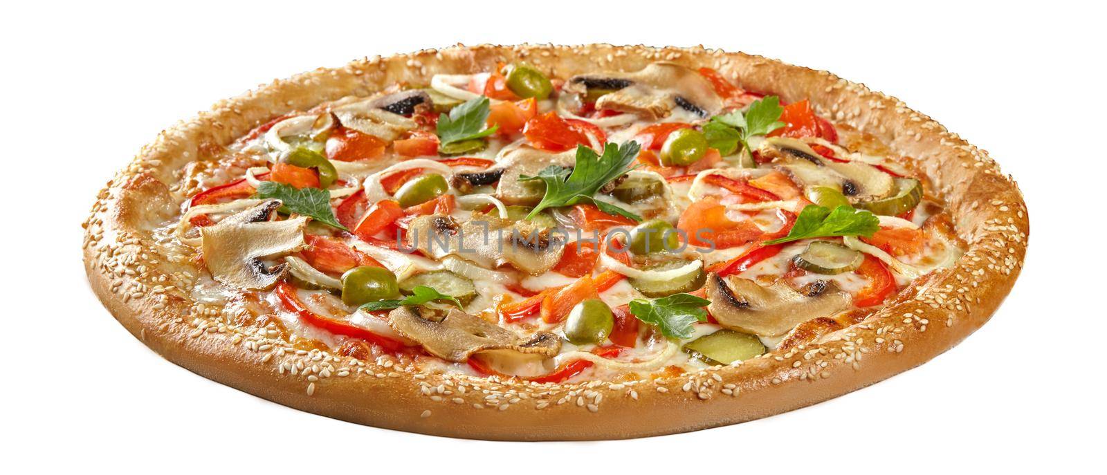 Closeup of tasty pizza with browned edge sprinkled with sesame, mushrooms, pickles, ripe tomatoes, bell peppers, onions and olives garnished with fresh parsley on cheese sauce isolated on white