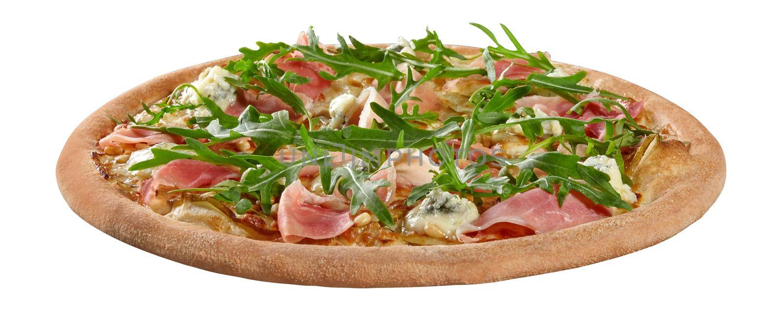 Piquant Pinoli pizza with cheese and cream sauce, mozzarella, prosciutto slices and gorgonzola combined with ripe pears and slightly roasted pine nuts garnished with arugula. Italian cuisine