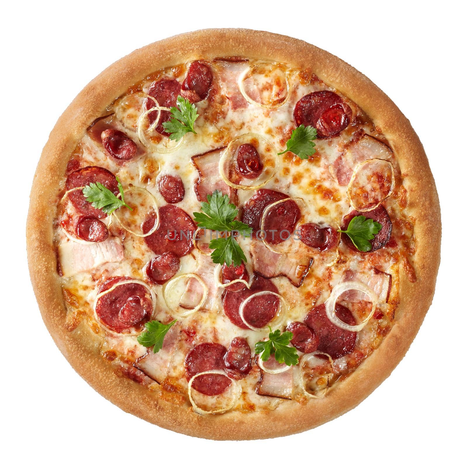 Top view of popular browned pizza with bacon, salami, hunting sausages and onions on layer of pelati sauce and melted mozzarella garnished with fresh greens isolated on white background