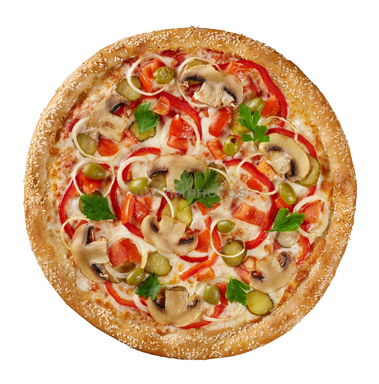 Top view of delicious vegetarian pizza with mushrooms, pickled cucumbers, tomatoes, bell peppers and onions garnished with olives and fresh greens on melted mozzarella layer sprinkled with sesame