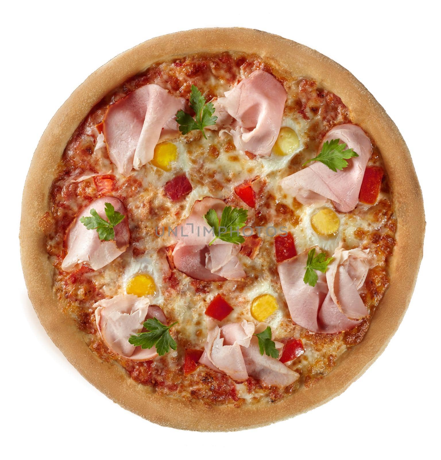 Delicious tender pizza with finely sliced ham, quail eggs and tomatoes on pelati sauce base with melted mozzarella cheese and fresh herbs isolated on white background, top view. Italian dish