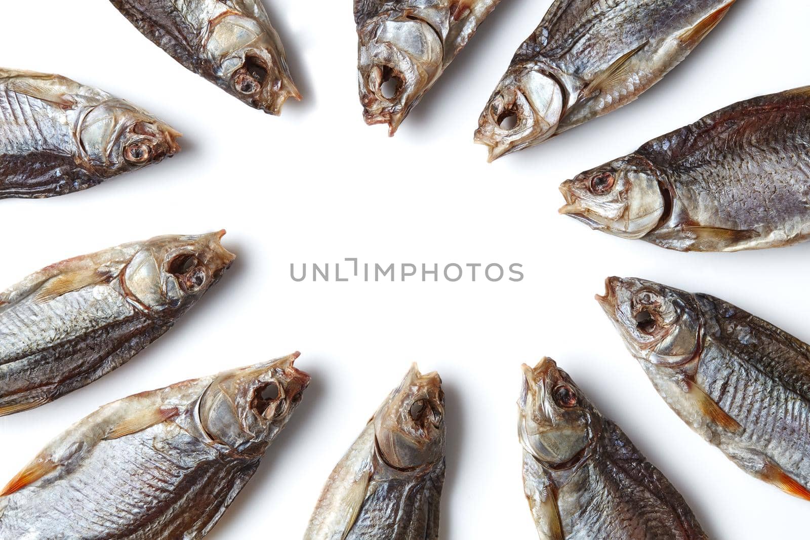 Jerky or dried salted roach laid out in circle, delicious clipfish isolated on white background. Salty beer appetizer. Traditional way of preserving fish. Close up, copy space, top view