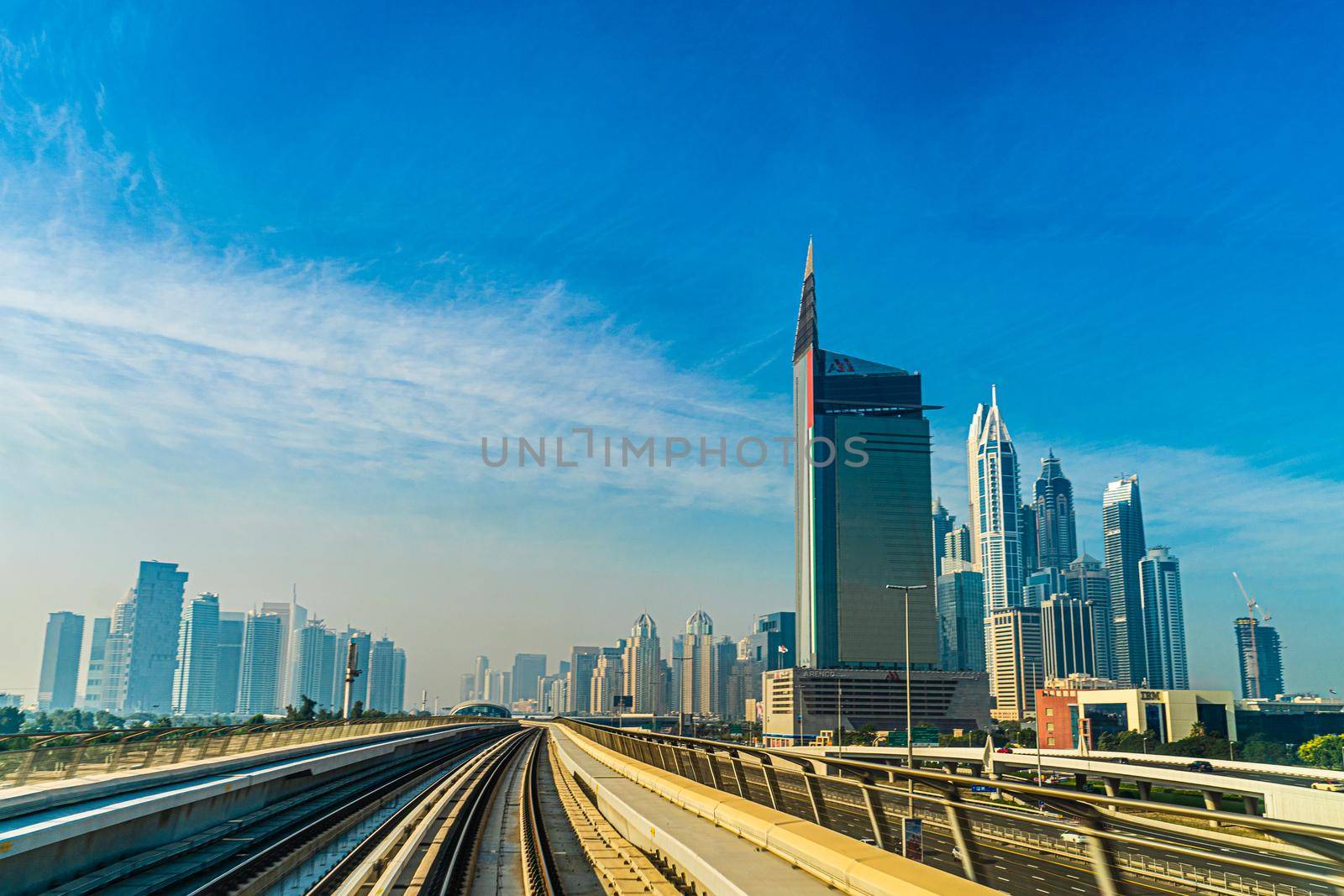 UAE Dubai cityscape seen from Dubai Metro. Shooting Location: Dubai