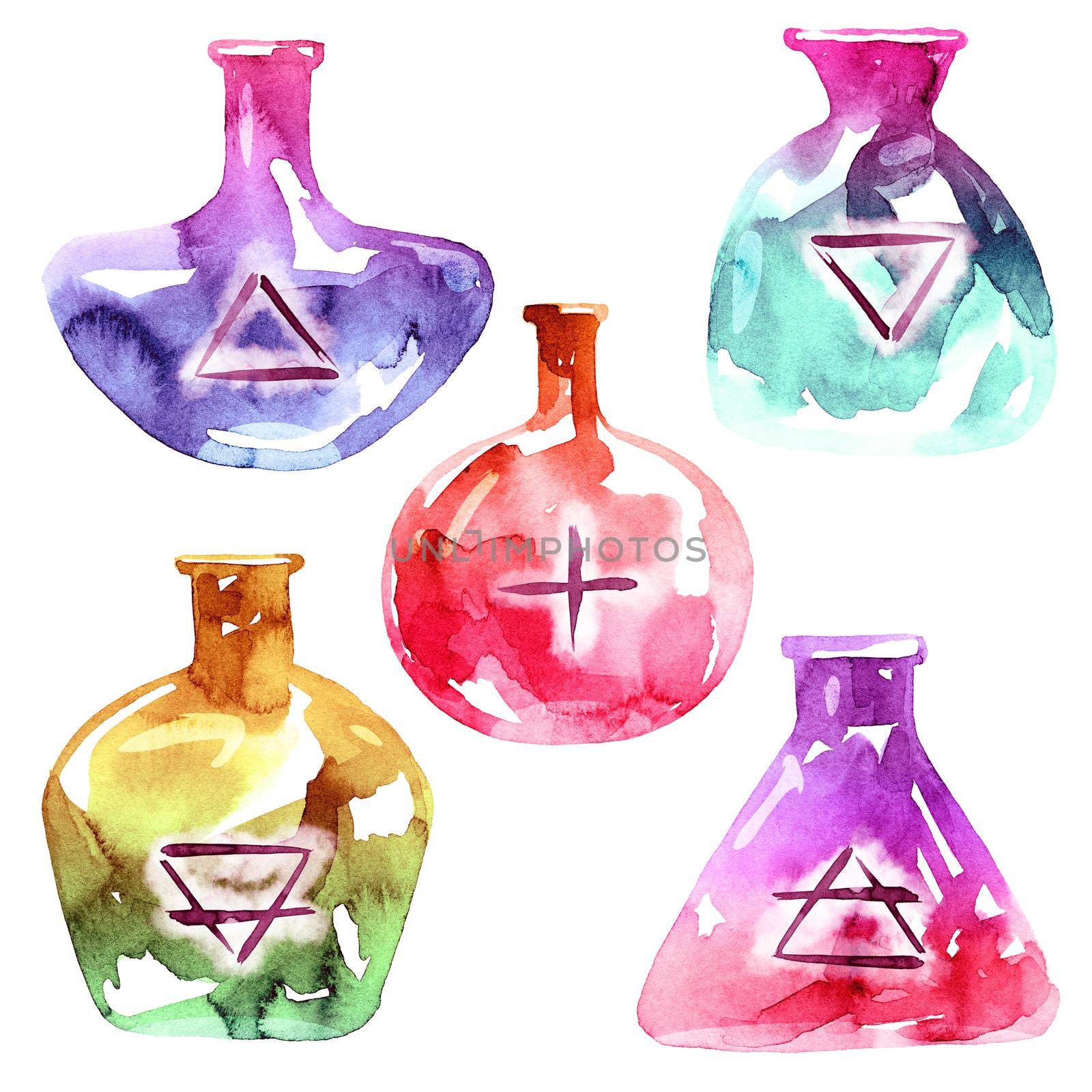 Watercolor hand-drawn bottles with alchemy symbols