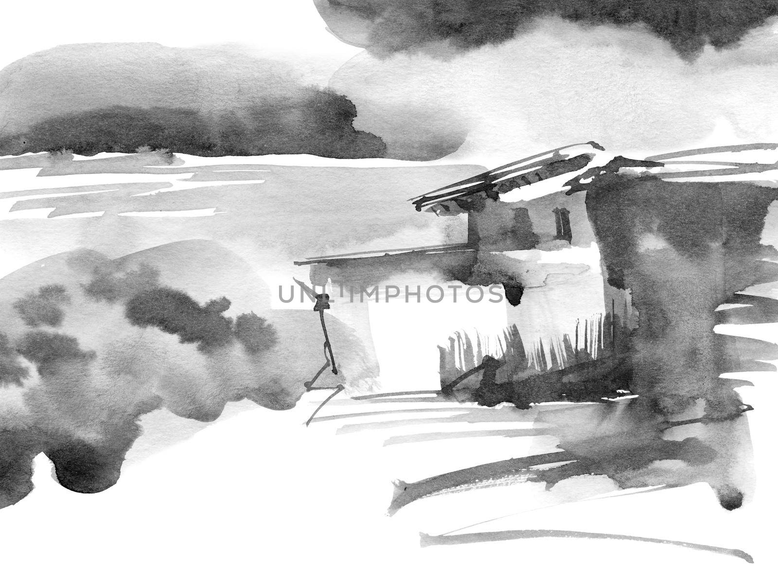 Ink painting of landscape with house and cloudy sky. Oriental traditional painting in style sumi-e.