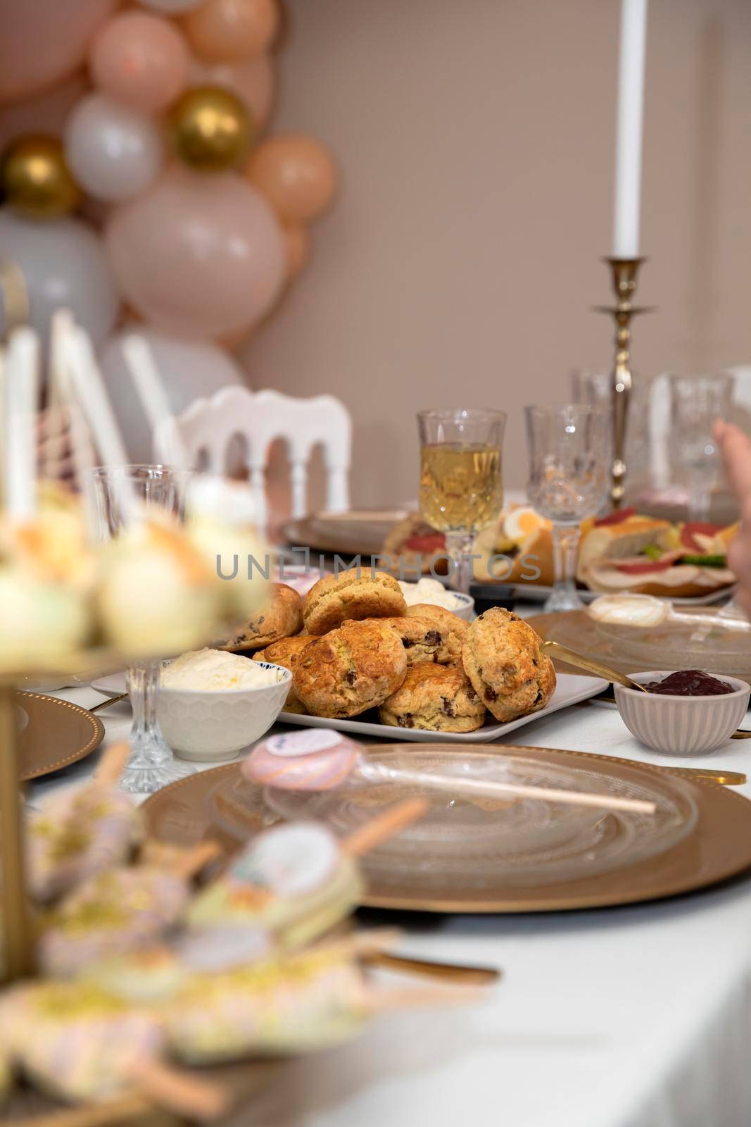 Elegant sweet table with sweets and decoration baby shower party celebration baby girl