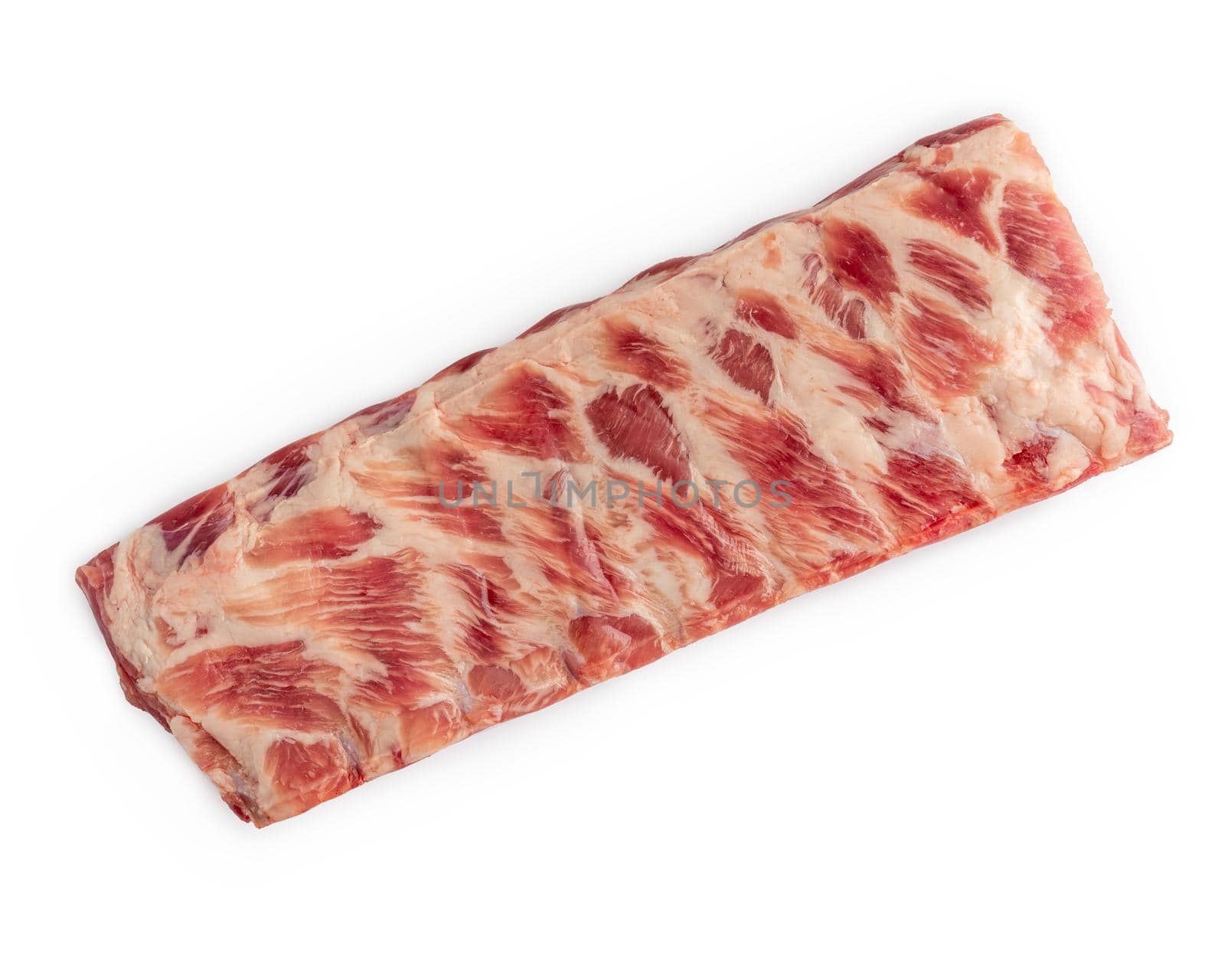 Closeup of raw spare lamb ribs on white isolated studio background. Barbecue uncooked meat. Protein nutritious market fat bone. Delicious mutton steak for lunch. Healthy preparation