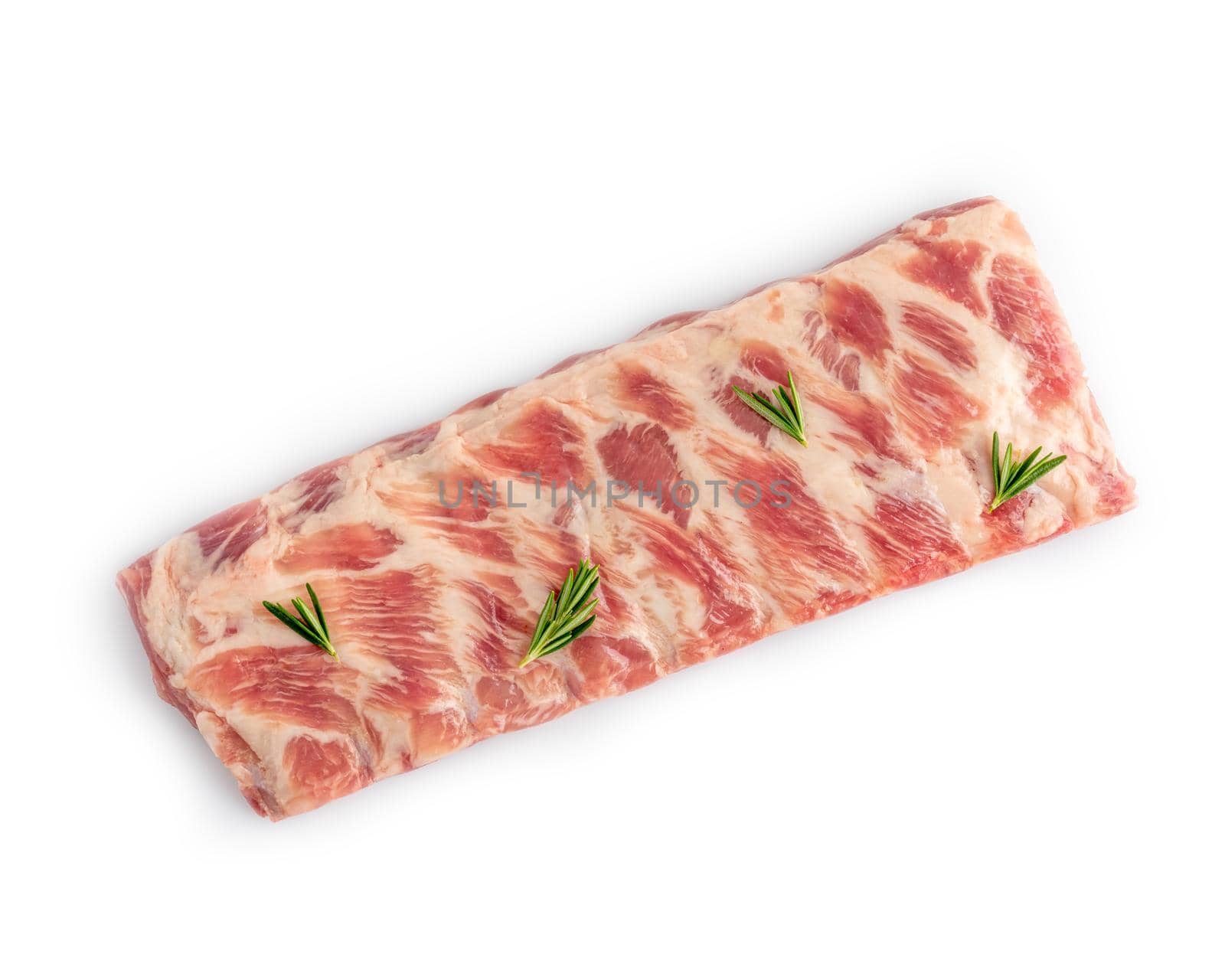 Closeup of raw spare lamb ribs with rosemary on white isolated studio background top view by NataBene