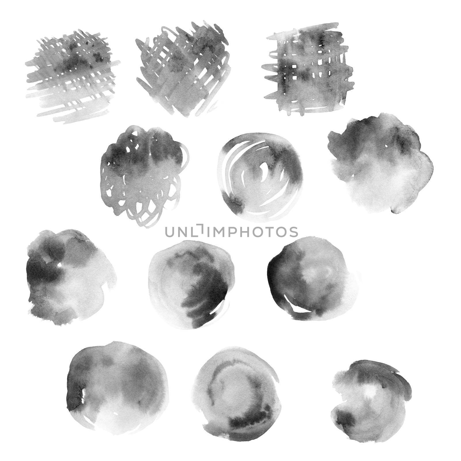 Abstract grayscale ink blots on white background
