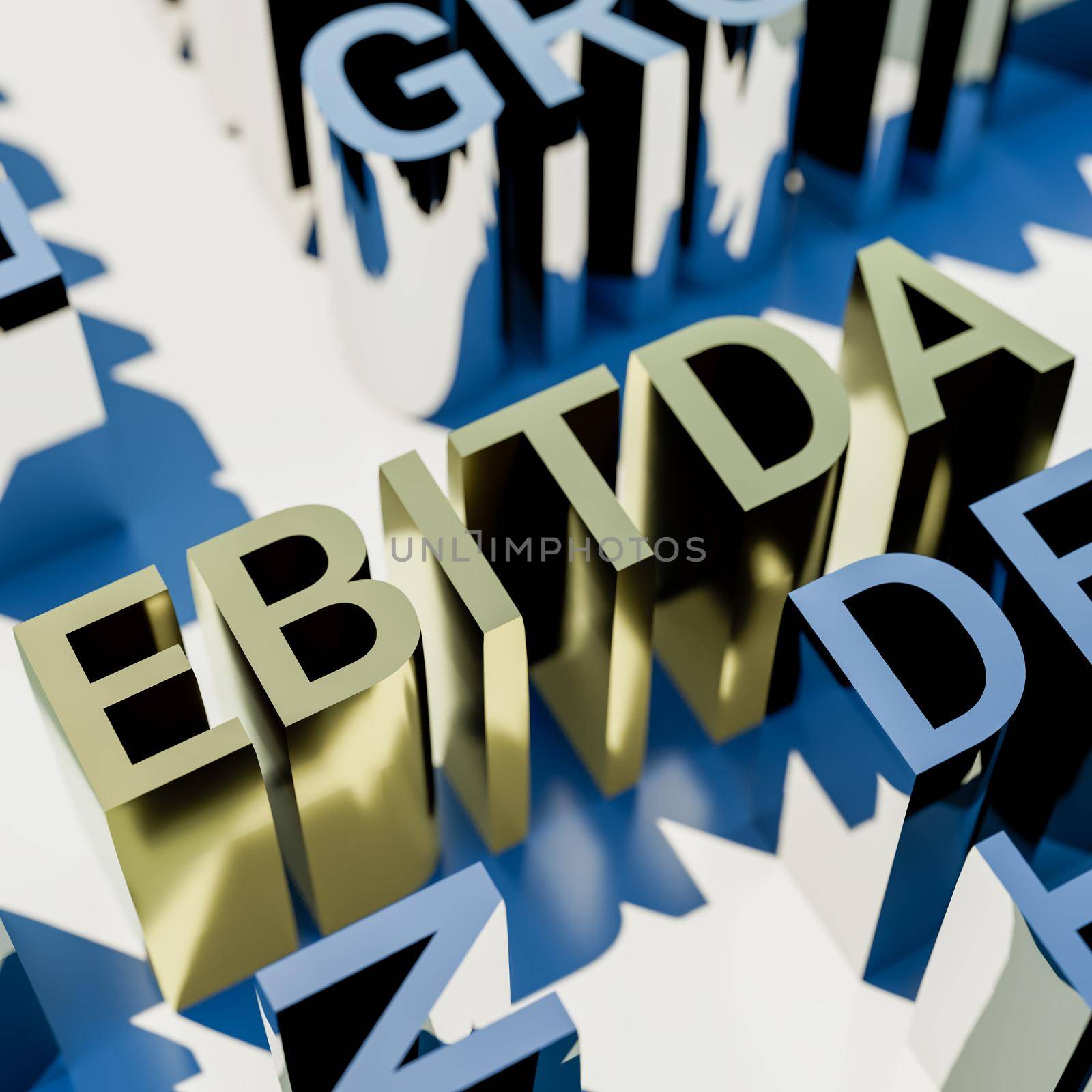 Concept image of business tags. Three-dimensional letters geometrically on a white background. EBITDA, TRUST, INVESTMENT, DEPRECIATION, AMORTIZATION, MONEY, TAX, REIT, FINANCE, ENTERPRISE, VALUATION, EARNINGS, INSURANCE GROW MONEY REAL ESTATE 3d illustration