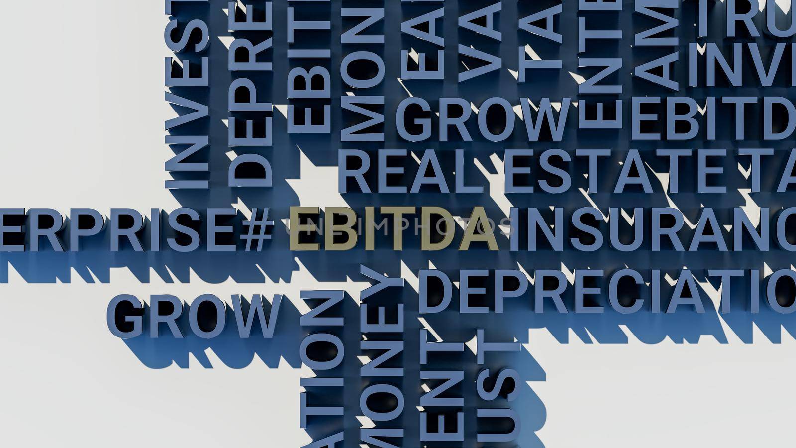 Concept image of business tags. Three-dimensional letters geometrically on a white background. EBITDA, TRUST, INVESTMENT, TAX, REIT, VALUATION, EARNINGS, INSURANCE, REAL ESTATE. 3d rendering by kwarkot