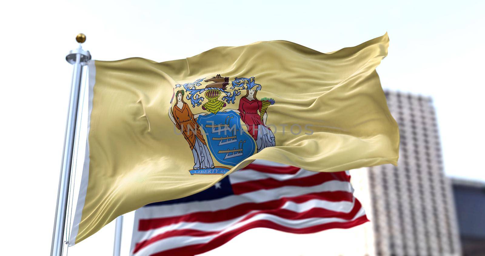 the flag of the US state of New Jersey waving in the wind with the American flag blurred in the background. New Jersey was admitted to the Union on December 18, 1787 as 3rd state