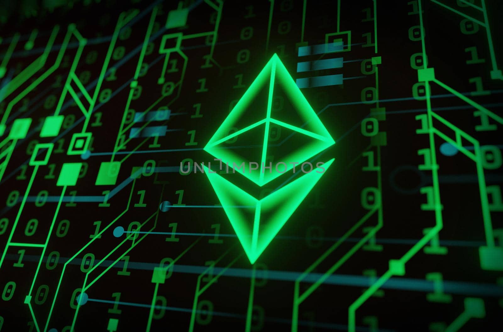 Ethereum digital currency, futuristic digital money, green technology worldwide network concept