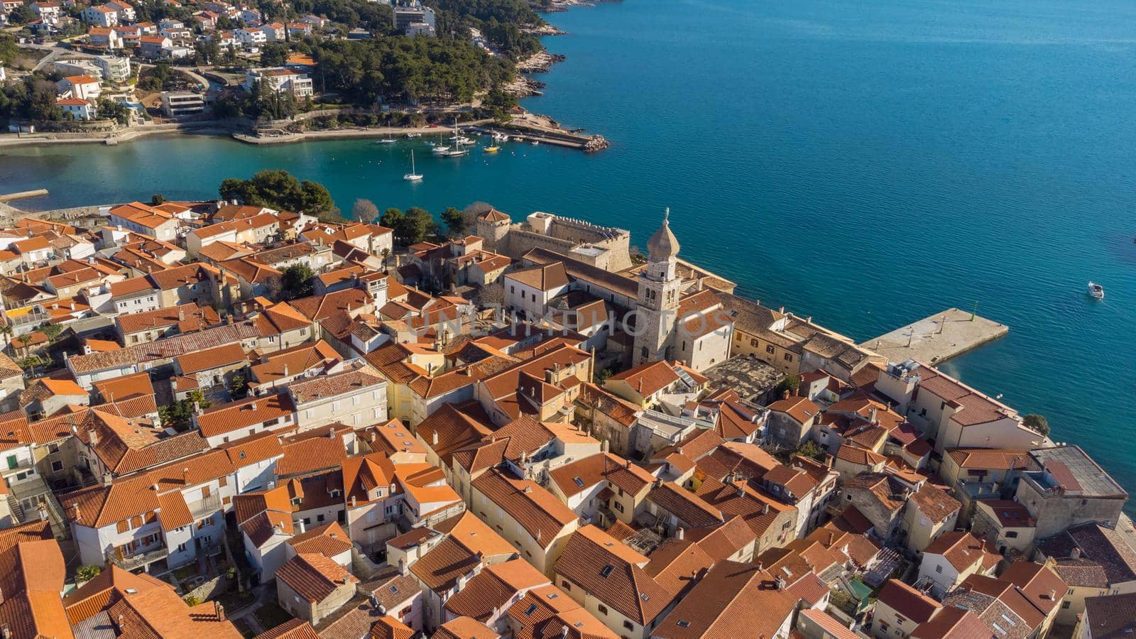 Aerial view of historic Adriatic town of Krk , Island of Krk, Kvarner bay of Adriatic sea, Croatia, Europe.