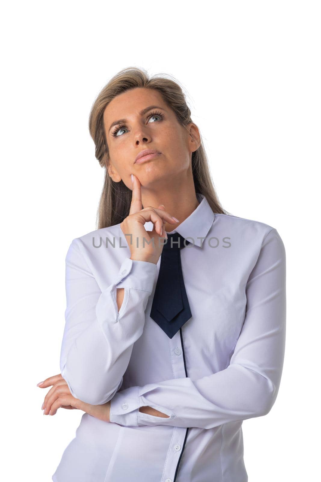 Pensive business woman looking up by ALotOfPeople