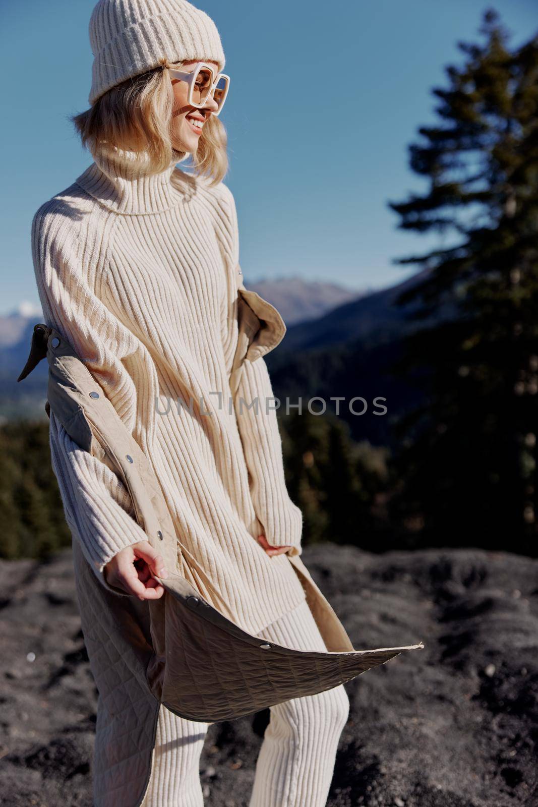 woman nature autumn style travel to the mountains relaxation. High quality photo