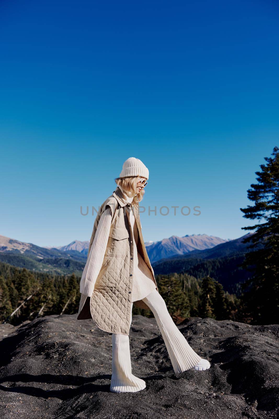 tourist fashion glasses mountain top nature freedom landscape. High quality photo