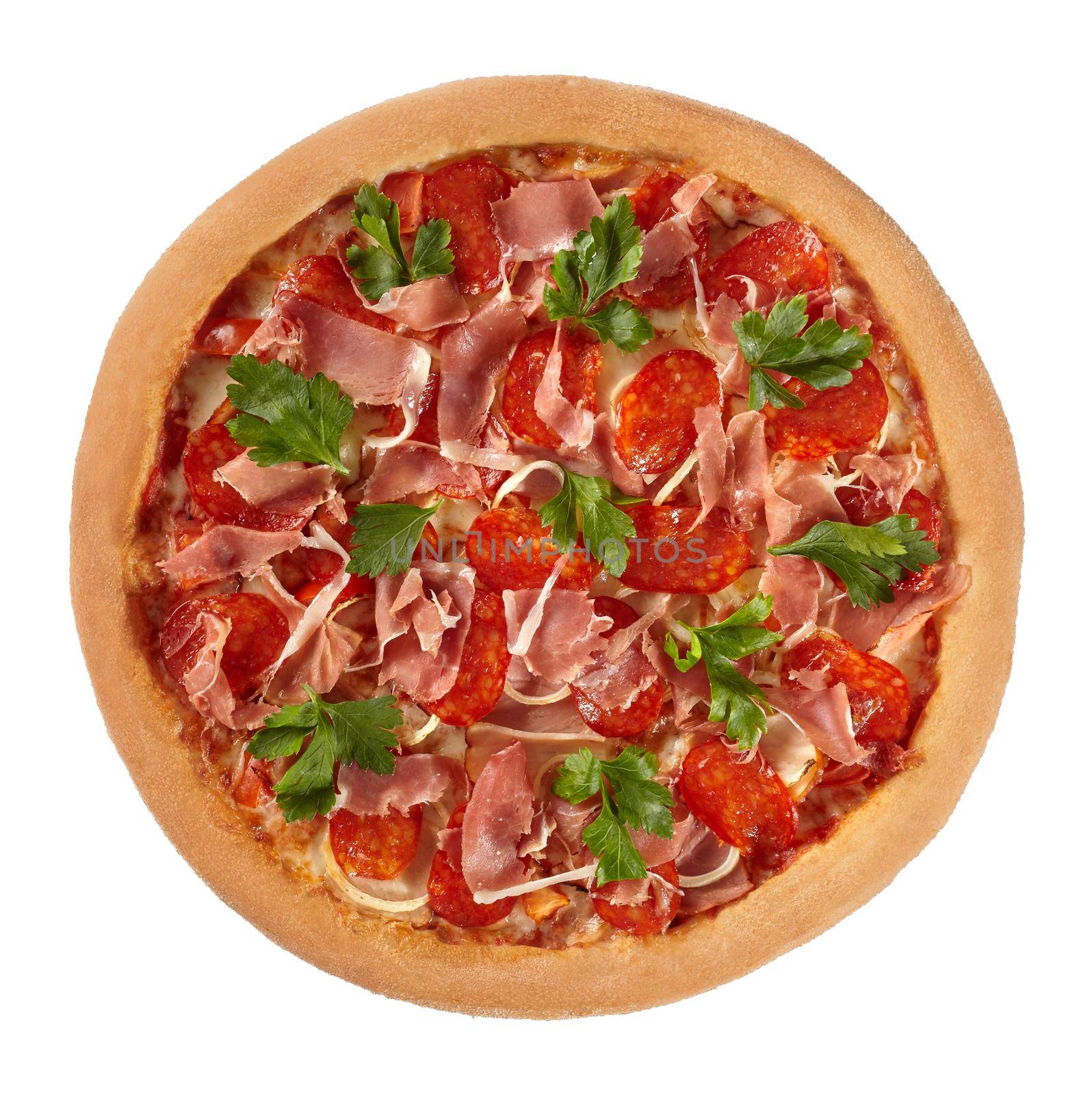 Top view of meat pizza with pelati tomato sauce, mozzarella cheese and filling of salami, smoked chicken and prosciutto slices garnished with fresh parsley leaves isolated on white background