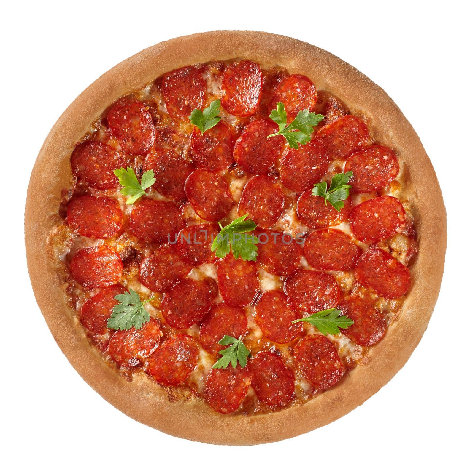 Top view of delicious spicy pepperoni pizza with thinly sliced salami sausage, tomato sauce, melted mozzarella cheese and browned dough edge isolated on white background. Italian-American cuisine