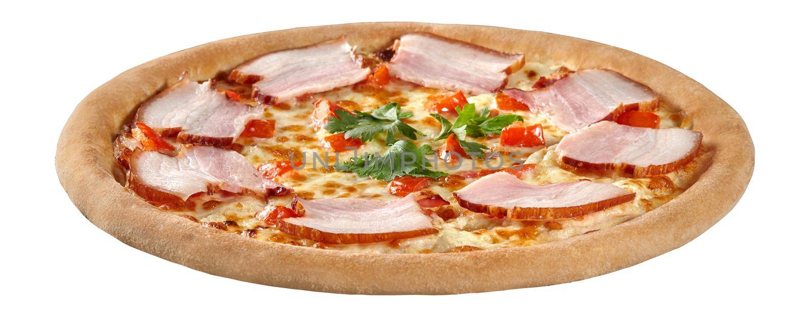 Closeup of pizza with cream cheese sauce, bacon, tomatoes and greens isolated on white by nazarovsergey