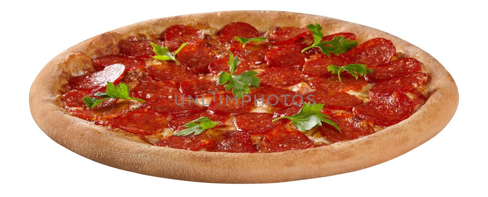 Closeup of piquant pizza with thin slices of spicy pepperoni sausage on layer of browned melted mozzarella cheese and pelati sauce garnished with fresh parsley isolated on white background