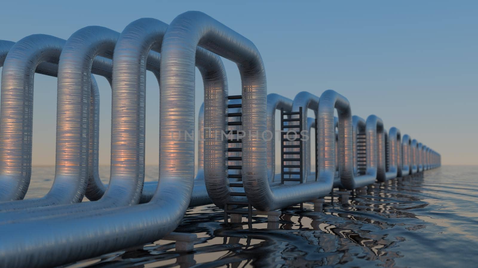 steel long pipes in crude oil factory on water. 3d illustration