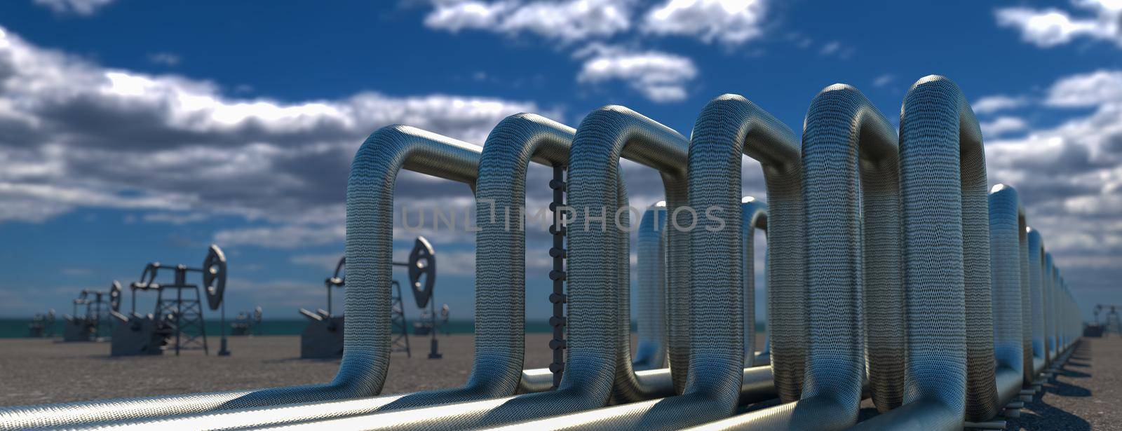 steel long pipes in crude oil factory. 3d rendering by kwarkot