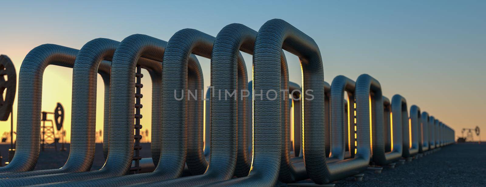 steel long pipes in crude oil factory during sunset. 3d illustration by kwarkot