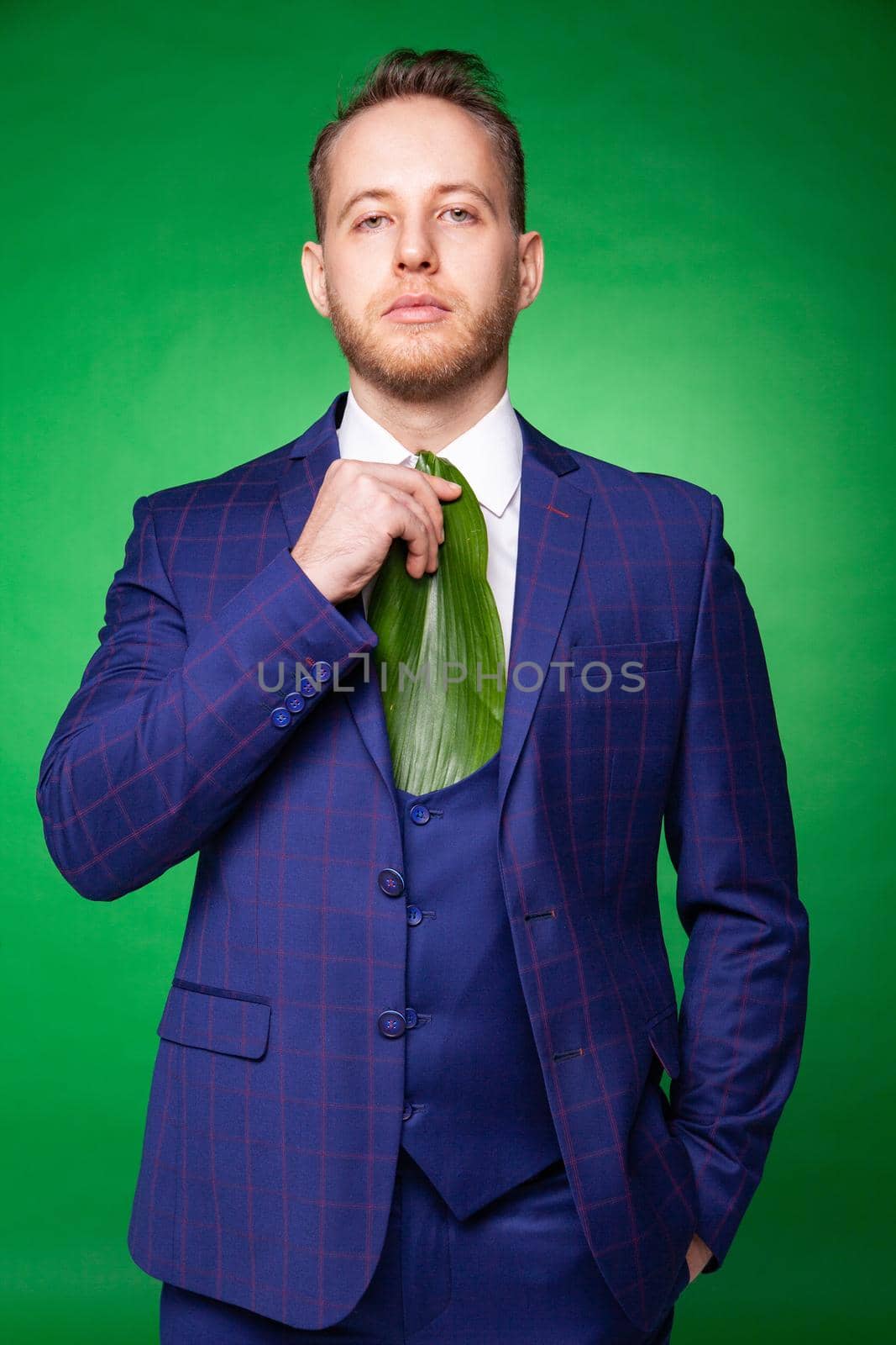 Stylish man in suit and tie made of green leaf by Julenochek
