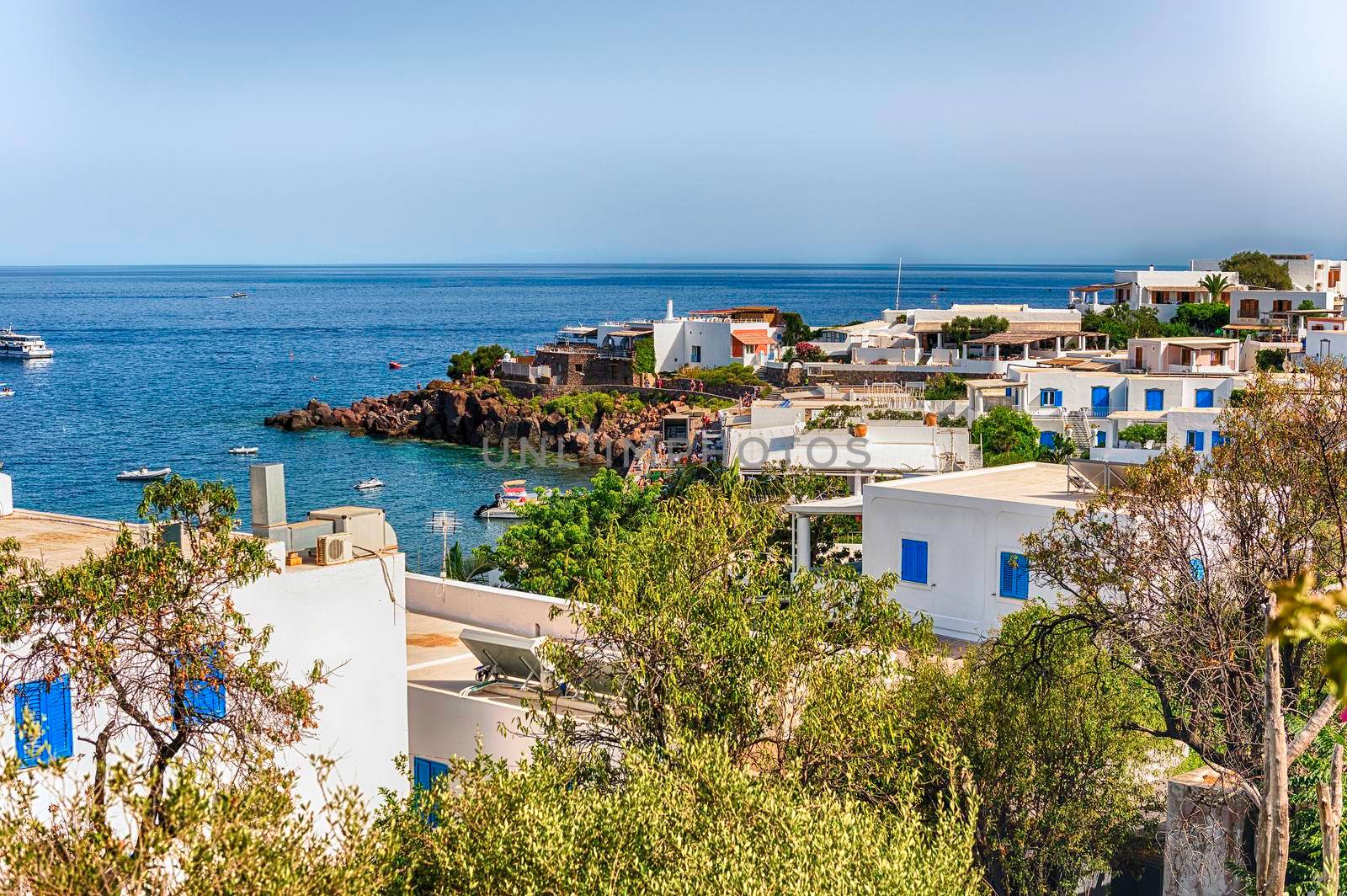 View over the beach of Panarea, known internationally for its celebrity visitors though being the smallest of the seven inhabited Aeolian Islands, Italy