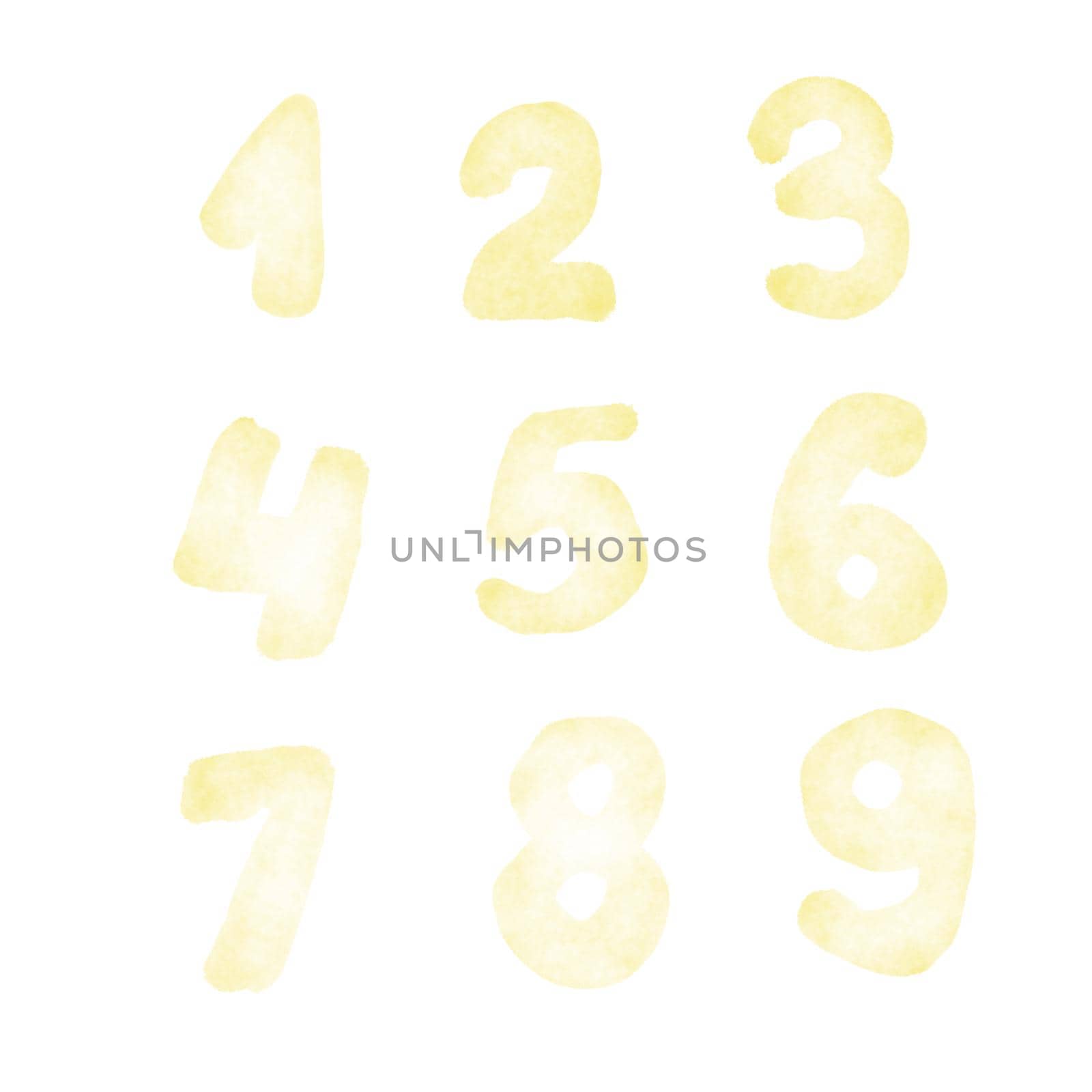 Watercolor illustration, set of numbers, isolate on a white background