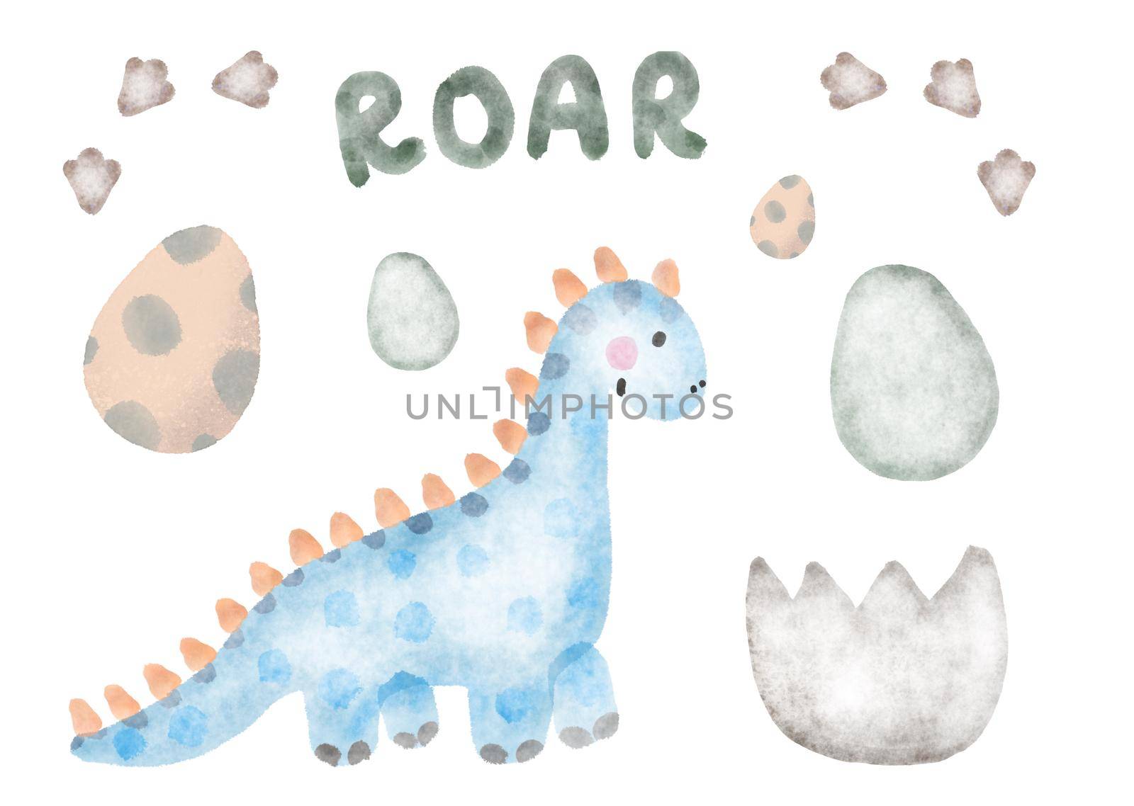 set of childish dinosaur, cute watercolor baby illustration by lifesummerlin