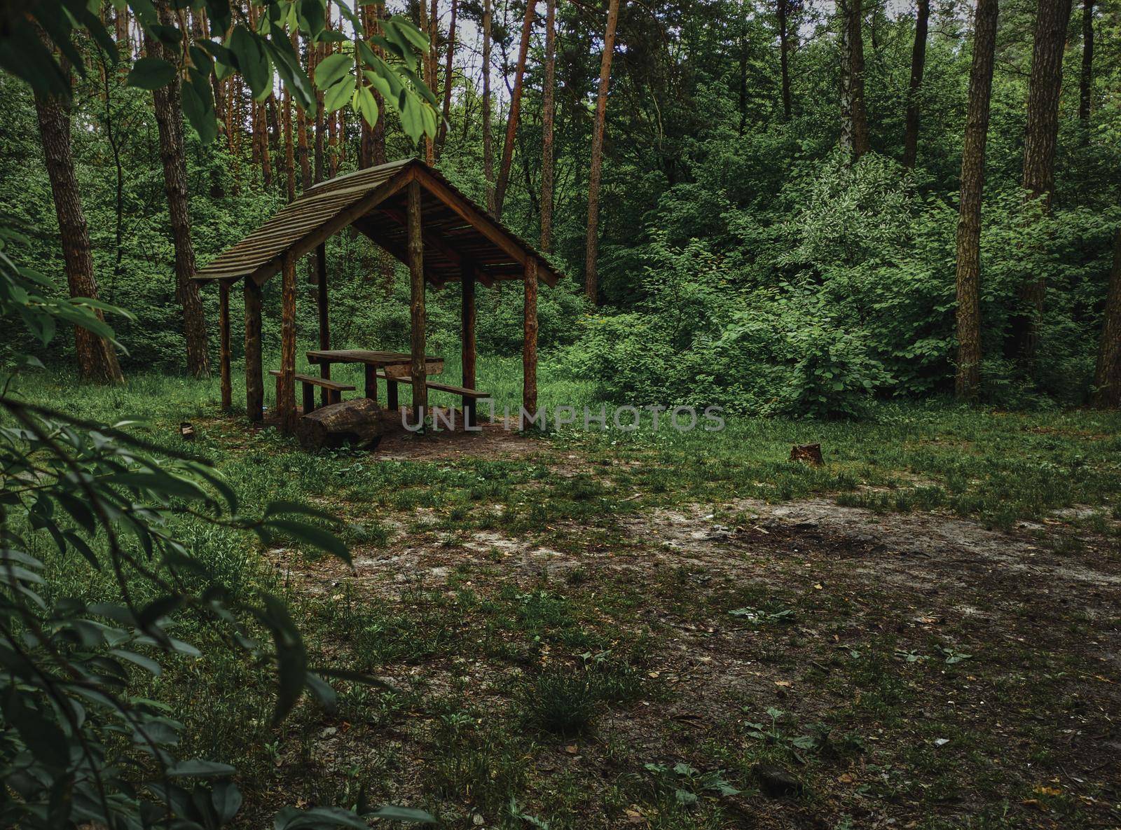 Covered seating area. A wooden gazebo for relaxing in the forest