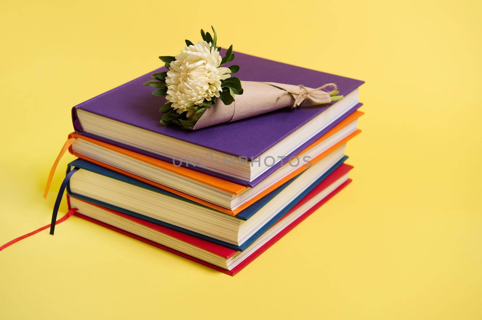 Beautiful bouquet of autumn asters flowers in craft wrapping paper tied in rope lying on stacked multicolored books. Teacher's Day concept, literary, knowledge, education. Yellow background copy space by artgf