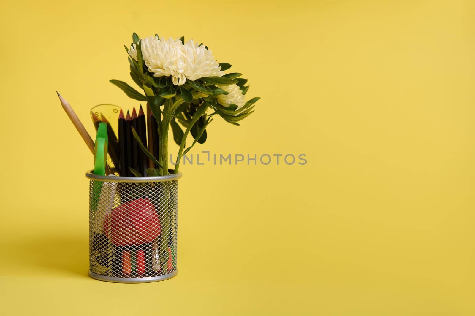 A stand for pens and pencils on the desktop on a yellow background with copy space. Close-up of a metal bucket with stationery. Holder with colored school supplies and aster flower