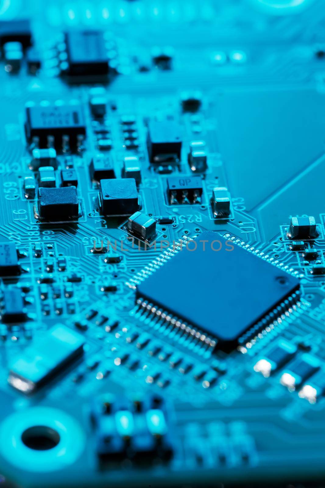 Electronic circuit board close up. Processor, chips and capacitors. Inside computers