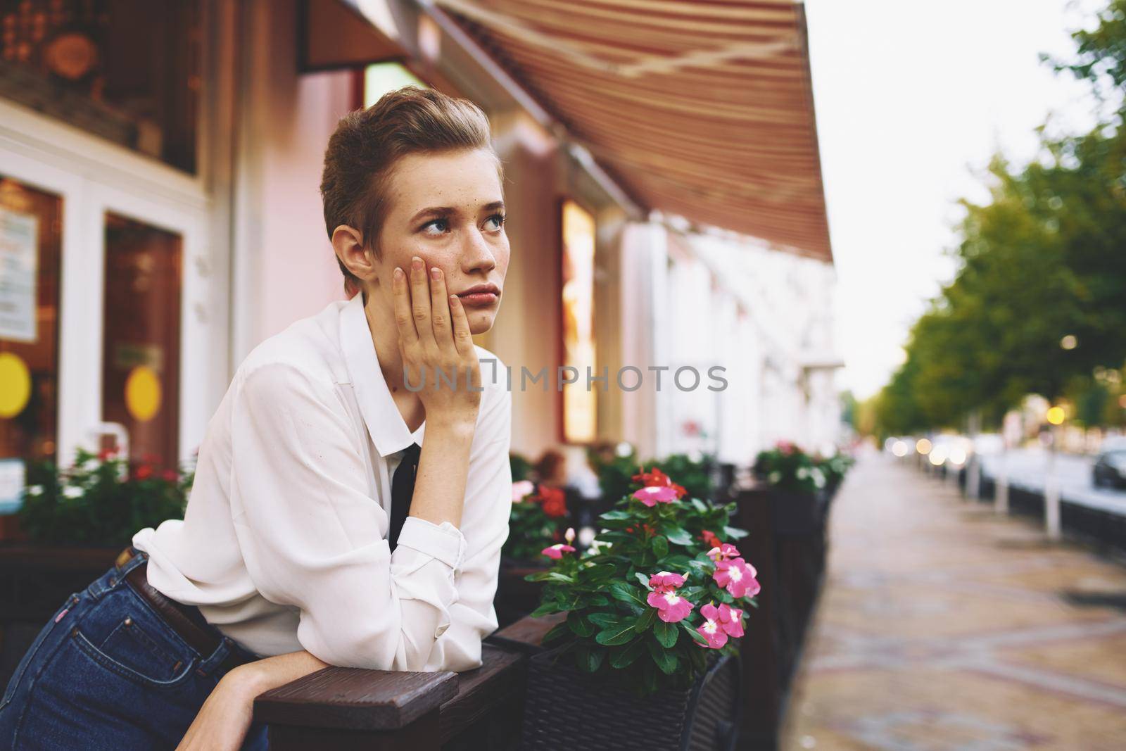 female in a summer cafe outdoors rest fun walking around town education by SHOTPRIME