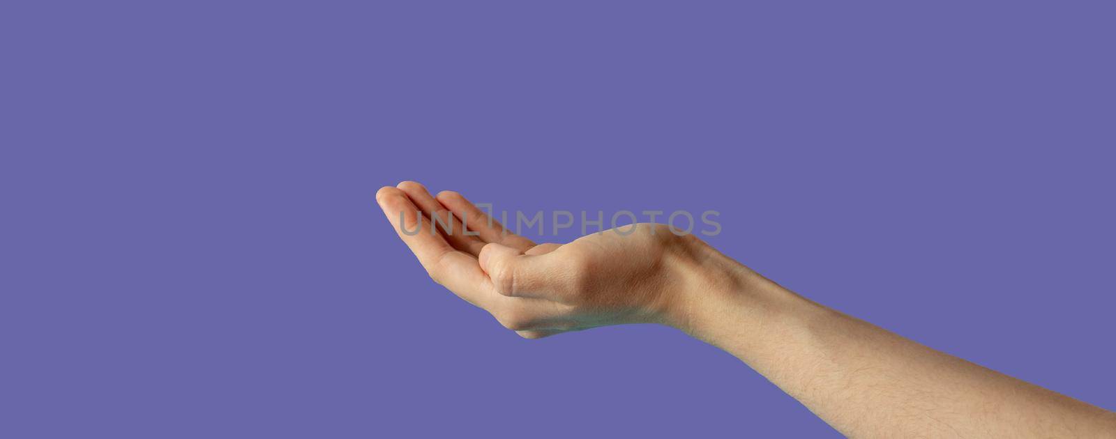 The hand is extended palm up.The hand is open and ready to help or accept. A gesture highlighted on a lilac background by a clipping contour. Very peri by lapushka62