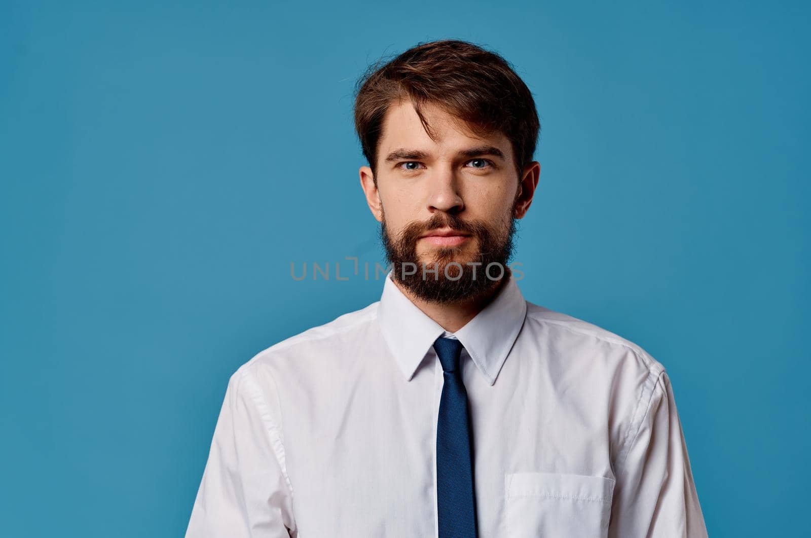 business man shirt with tie office manager blue background. High quality photo