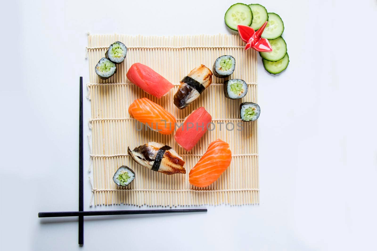 Japanishe food Nigiri sushi set, salmon, tuna and shrimp sushi, high angle view