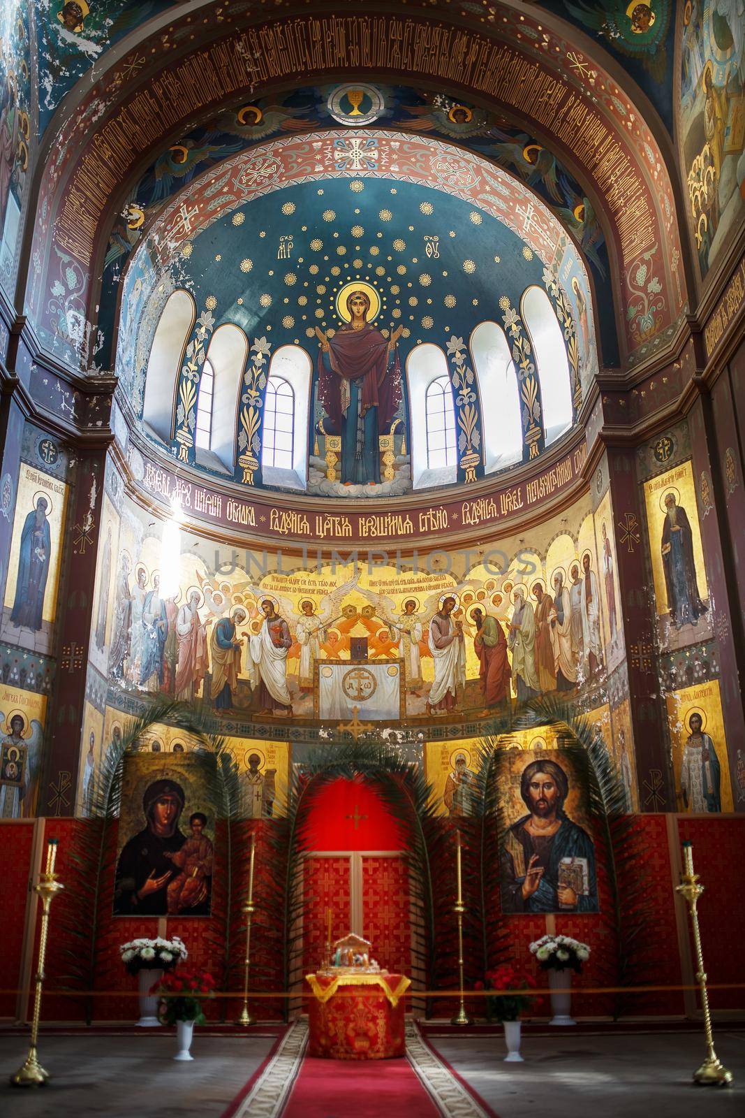 New Athos, Abkhazia Georgia Beautiful interior and dark painted frescoes of Novy Afon orthodox monastery, Abkhazia. The architectural elements of the church