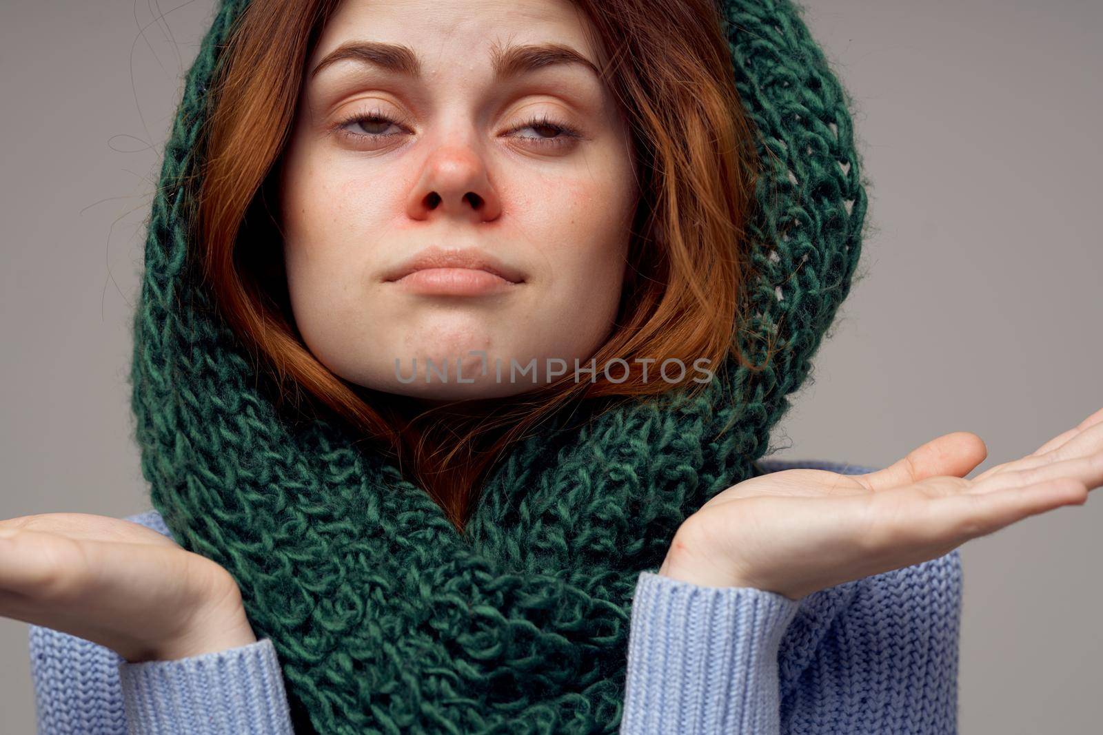 sick woman cold red nose disorder light background. High quality photo