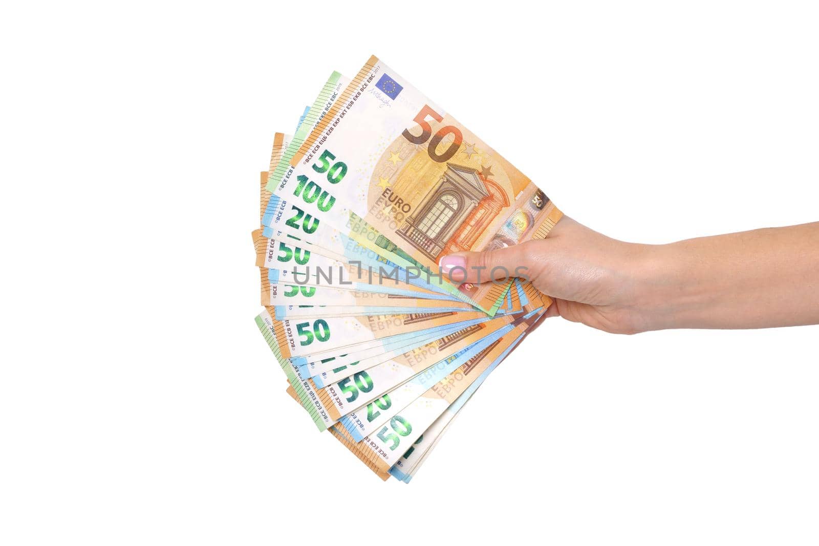 Woman hand holding euro banknotes or cash money isolated on white background. by DariaKulkova