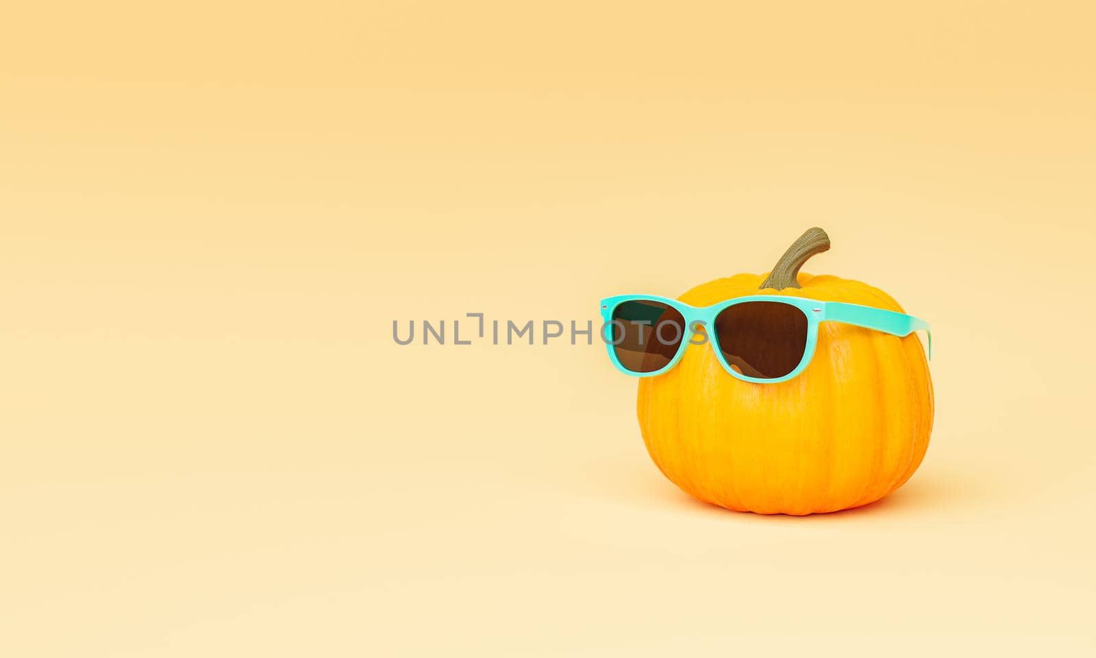 pumpkin with turquoise sunglasses on minimalist beige background with space for text. autumn concept. 3d rendering