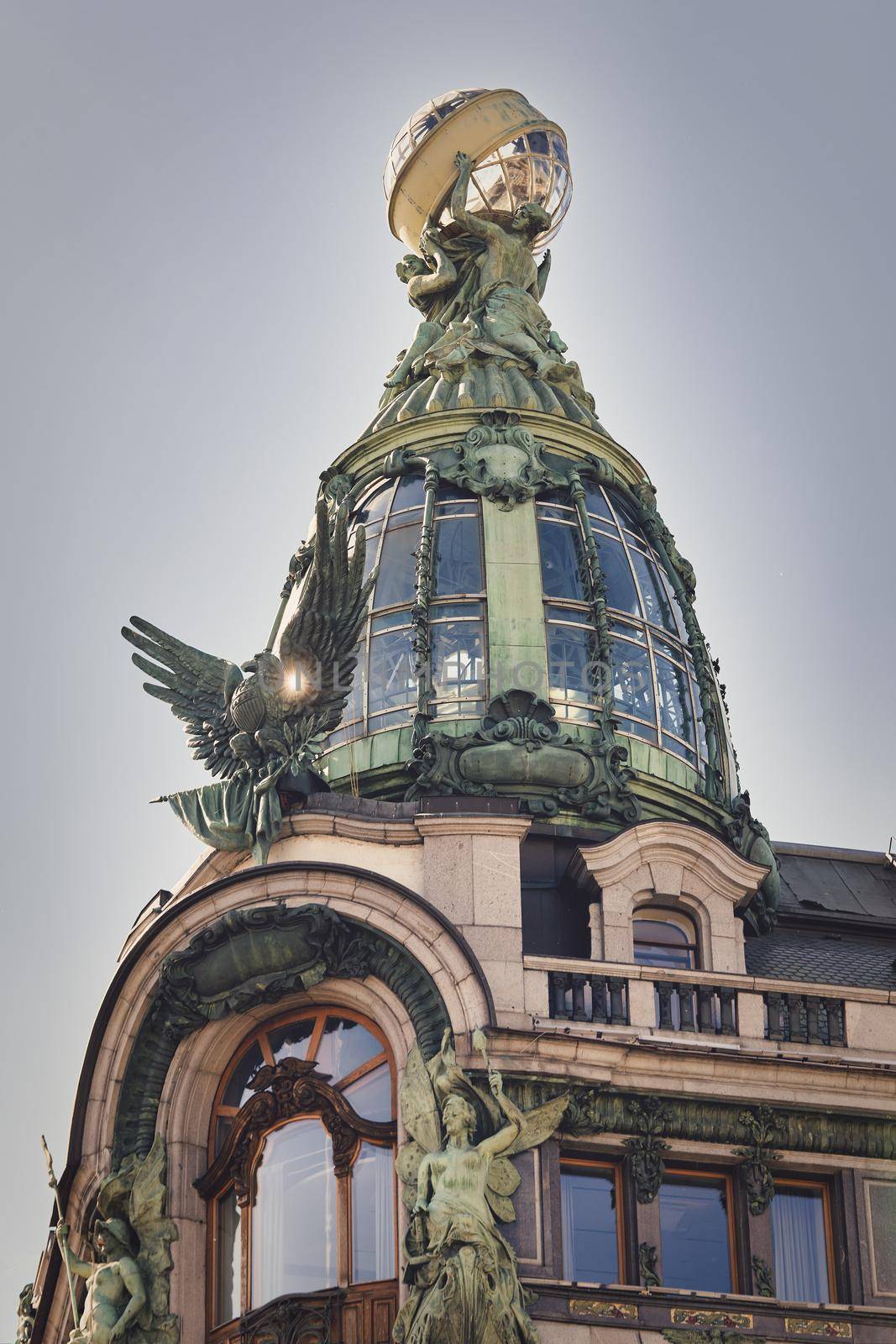 View of architectural details of the famous Singer House Building in St. Petersburg. House of Books city landmark