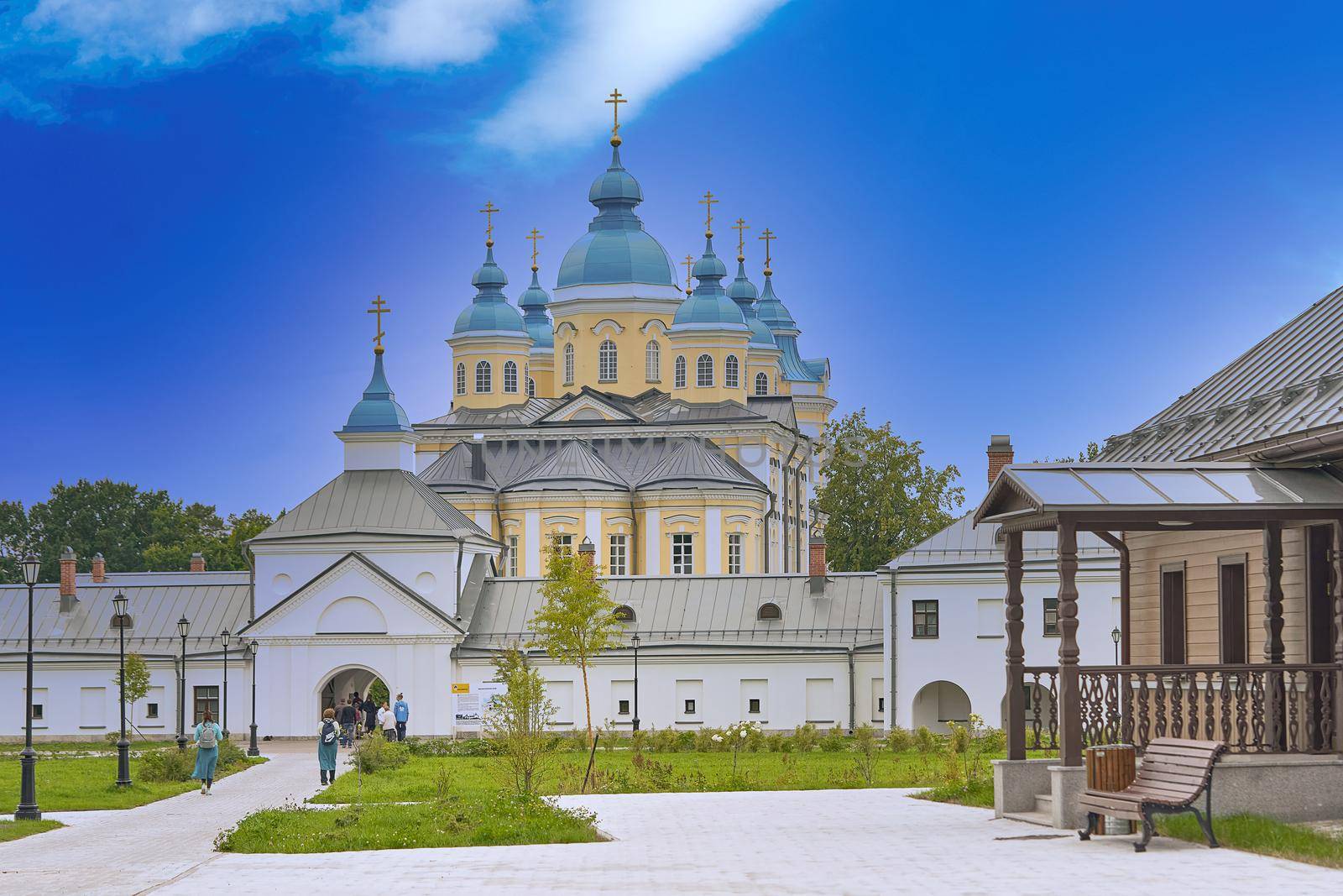 Saint Petersburg, Russia - July 12, 2021: A group of religious pilgrims visited the Konevets Monastery in Russia