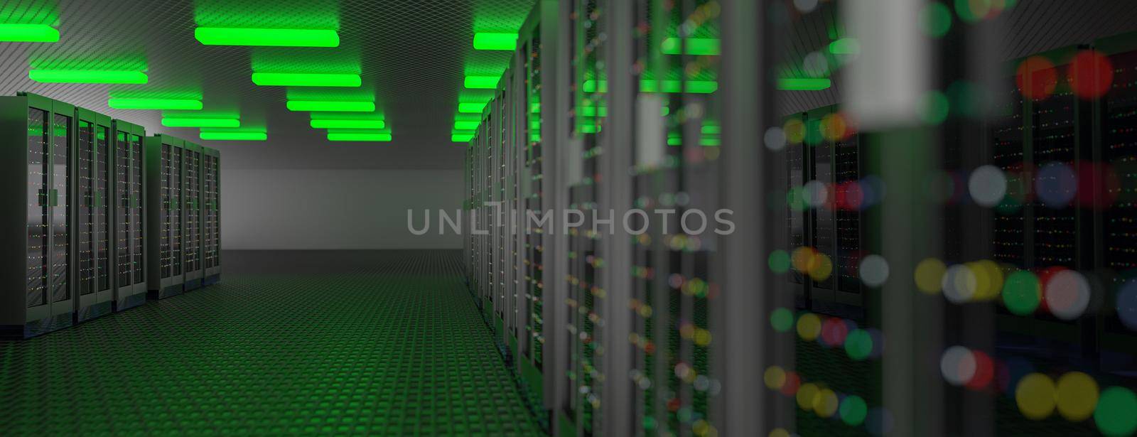 Servers. Servers room data center. Backup, mining, hosting, mainframe, farm and computer rack with storage information. 3d rendering by kwarkot