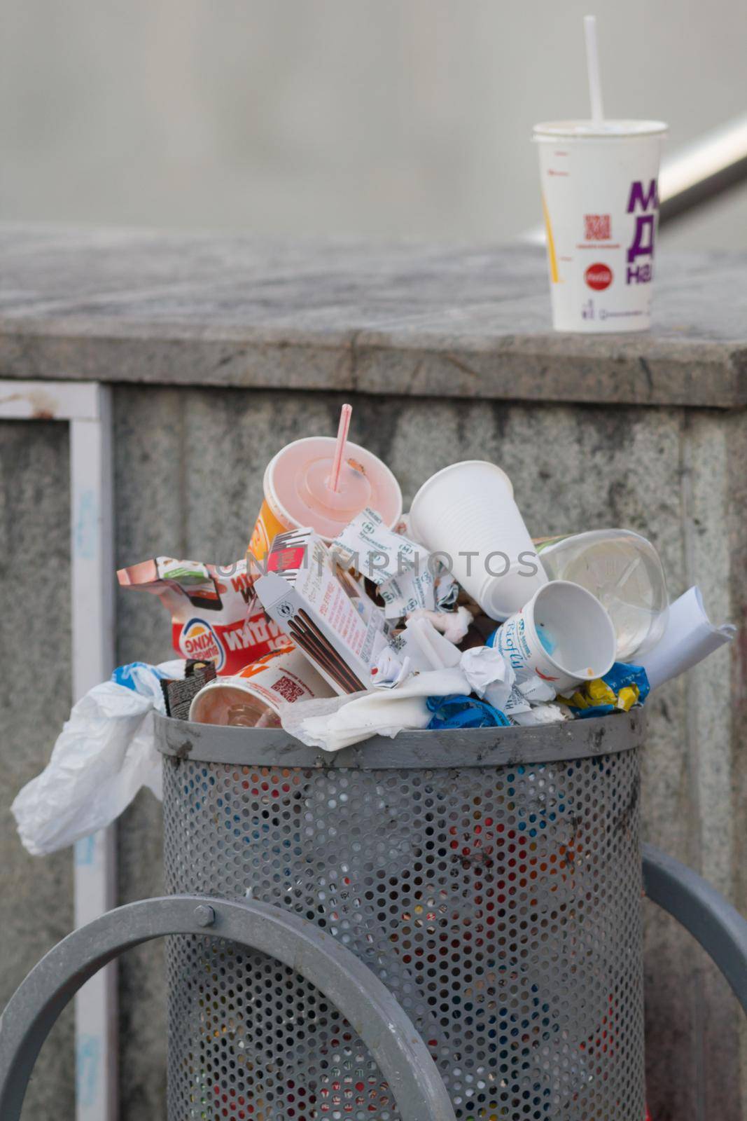 KAZAN, RUSSIA - JUNE 22, 2018: Rubbish bin with garbage from fast food restaurants by Studia72