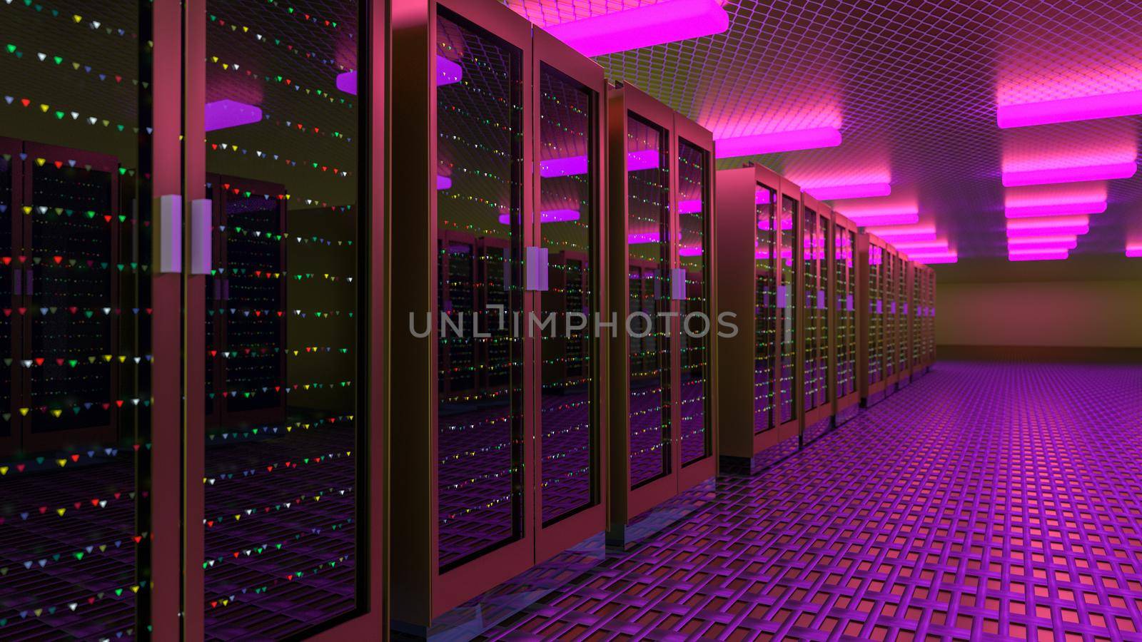 Server. Server racks in server room cloud data center. Datacenter hardware cluster. Backup, hosting, mainframe, mining, farm and computer rack with storage information. 3d illustration